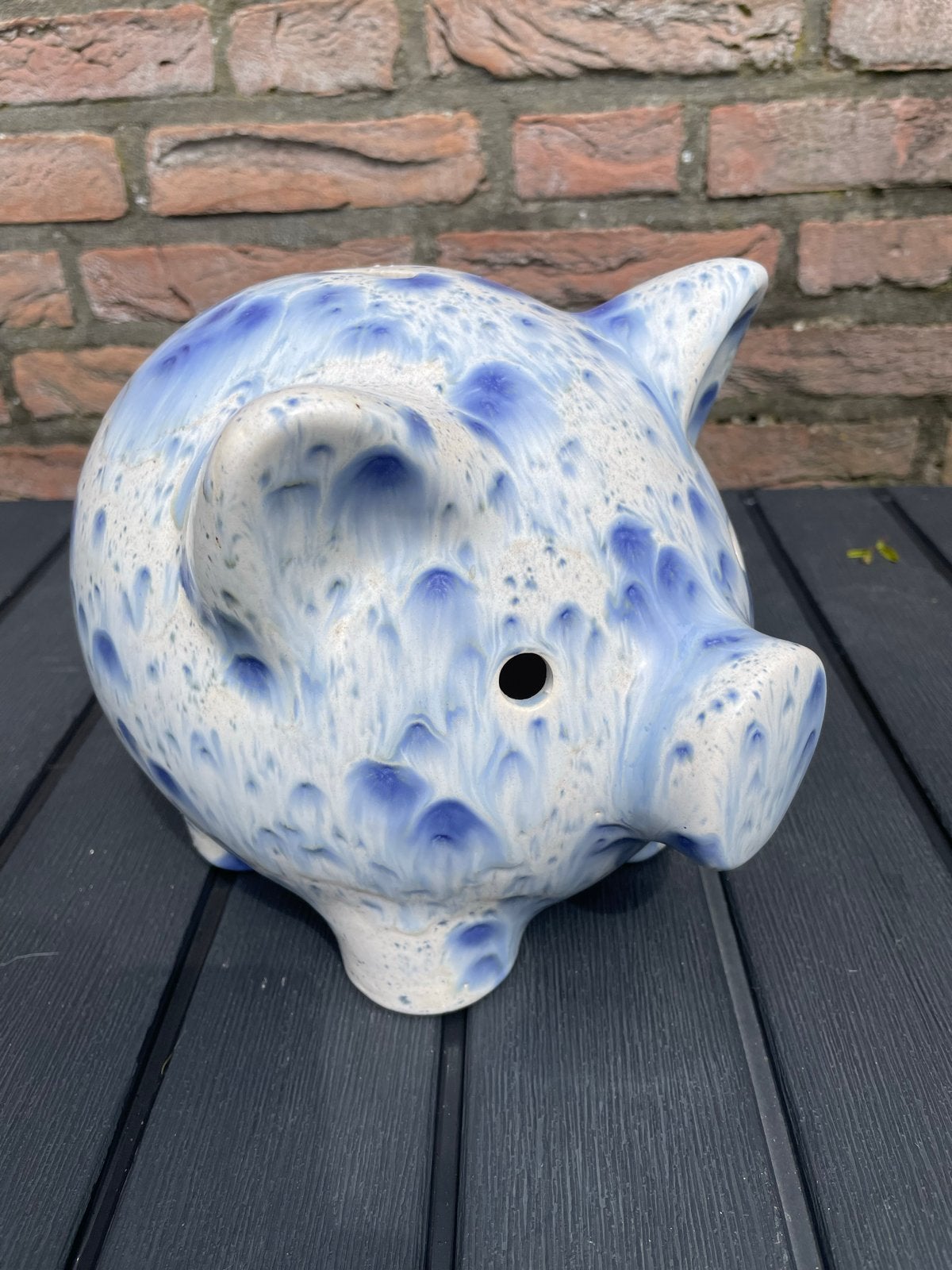 Groot Keramiek spaarvarken blauw/wit gespikkeld, Ophalen, Gebruikt, Steen, Aardewerk of Keramiek, Dier