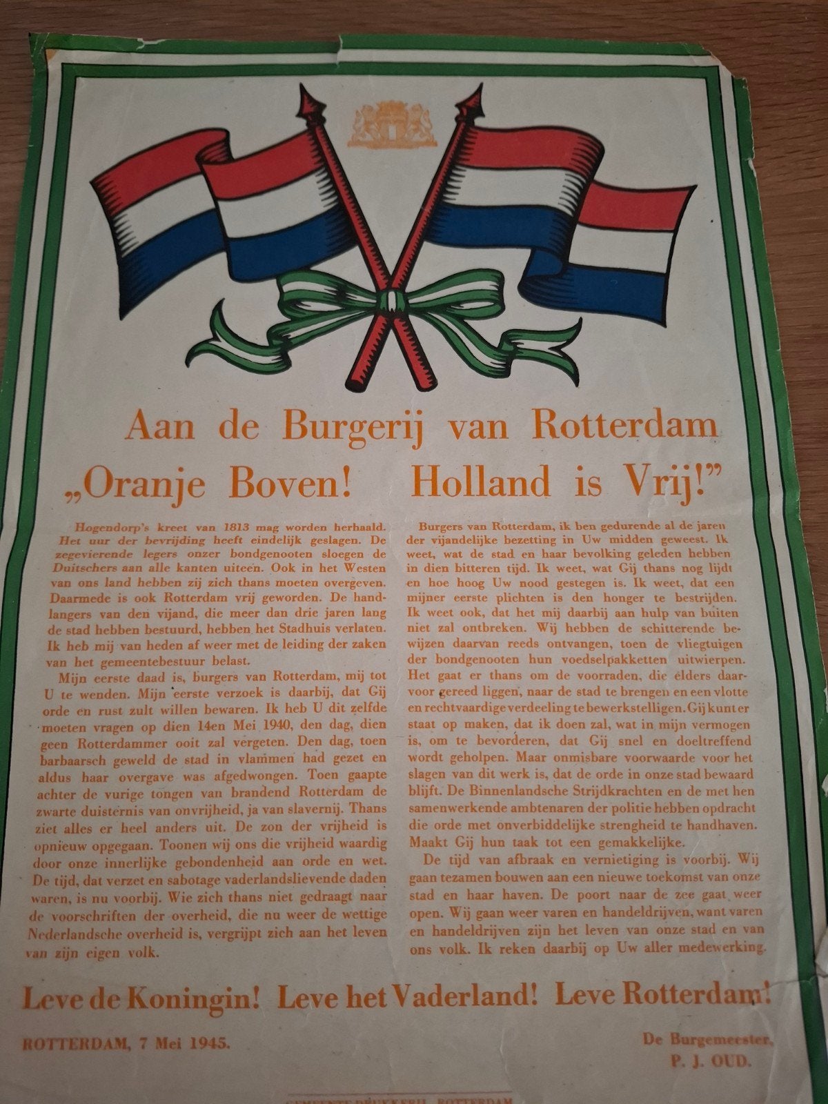 Affiche, aankondiging 7 mei 1945, burgerij van Rotterdam., Ophalen of Verzenden, Overige soorten, Nederland, Foto of Poster