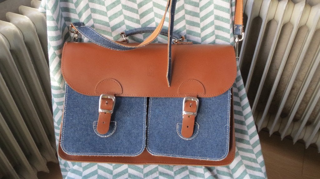 merk: Oldschool Bags, denim, leer, werk/school tas, 37x27x13, 30 tot 40 cm, Minder dan 30 cm, Bruin, Verzenden
