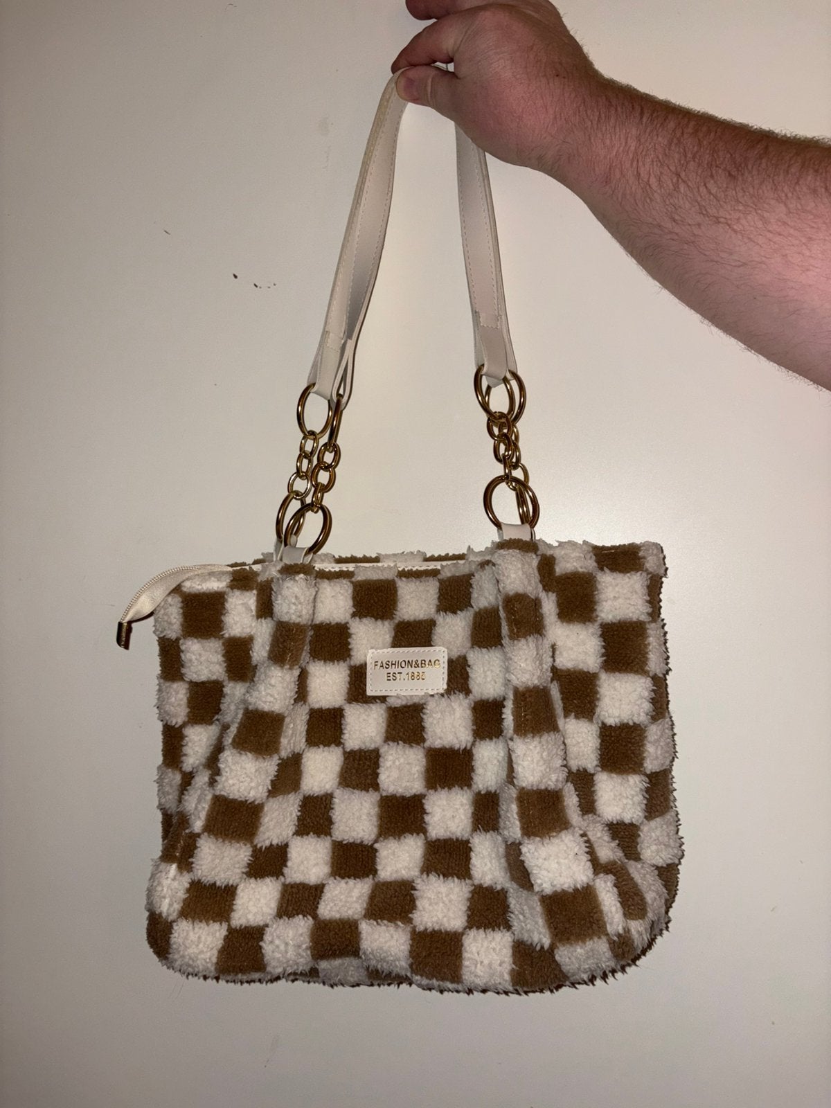 Leuk tasje met rits  In de kleur bruin-wit geblokt, Sieraden, Tassen en Uiterlijk, Ophalen, Zo goed als nieuw, Overige kleuren