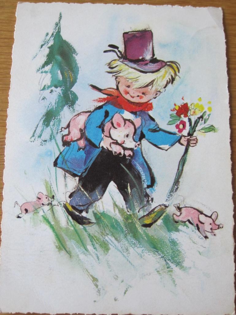 jongen met twee biggetjes - 1964, Verzenden, 1960 tot 1980, Gelopen, Kinderen