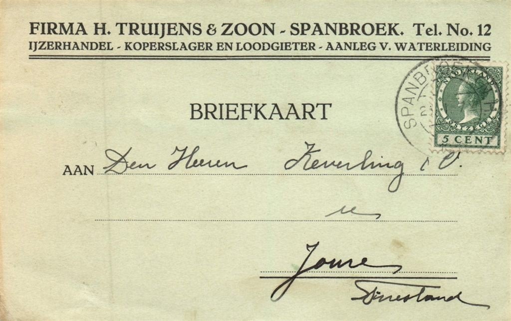 Firma H. Truijens + Zoon, Spanbroek - 01.1930 - briefkaart, Ophalen of Verzenden, Briefkaart