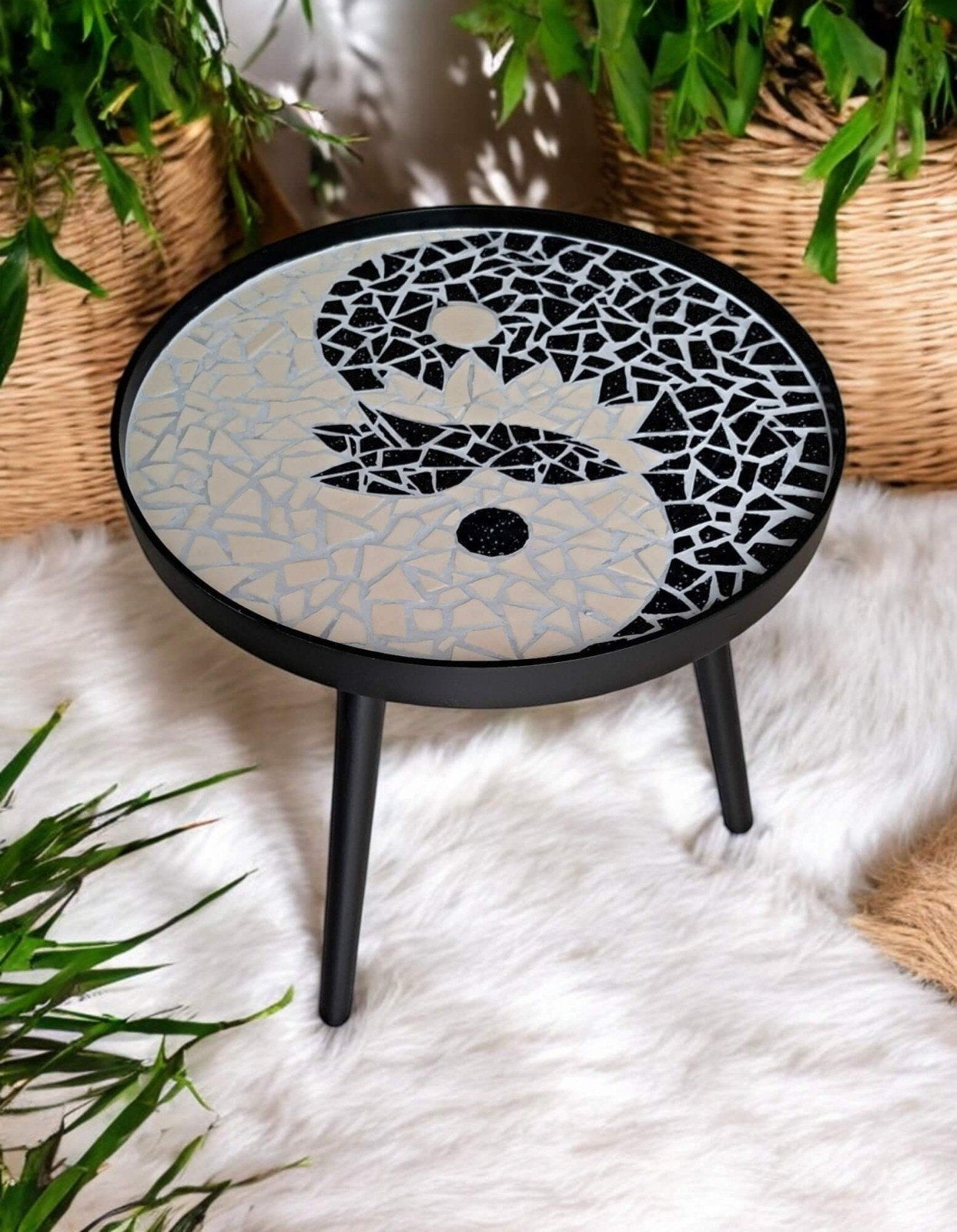 Handgemaakte Yin Yang Bijzettafel - H40,5 x ø41 cm, Ophalen, Minder dan 55 cm, Bohemian, Spiritueel, Handgemaakt, Rond