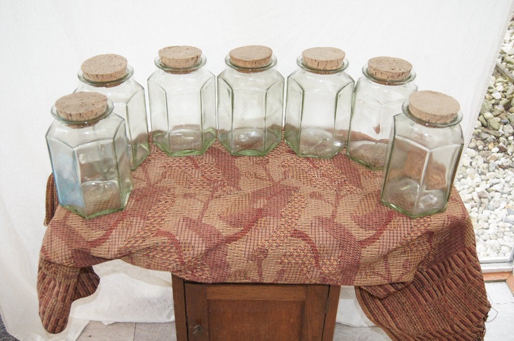Set van 7 glazen voorraadpotten met kurken deksel, Beige, Ophalen of Verzenden, Voorraadpot, Overige merken