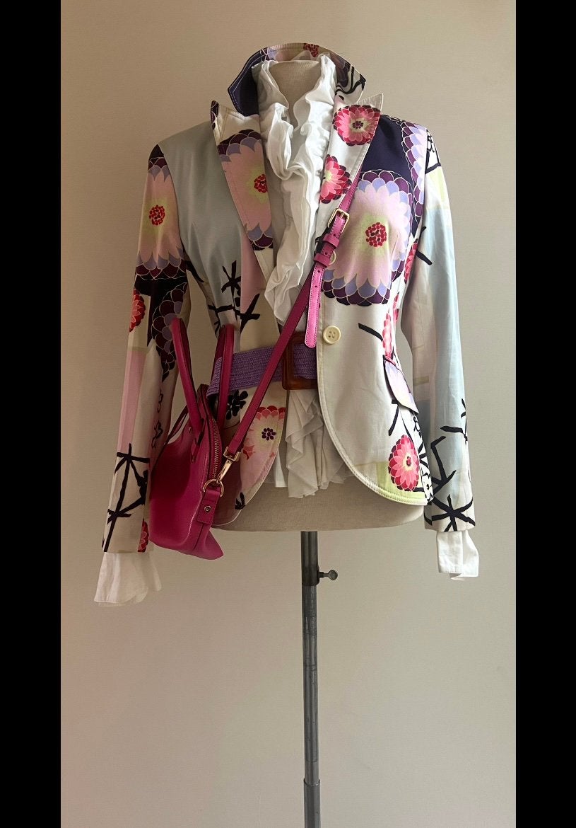 Escada 36 blazer geometrische bloemprint, Verzenden, Zo goed als nieuw, Maat 36 (S), Rood