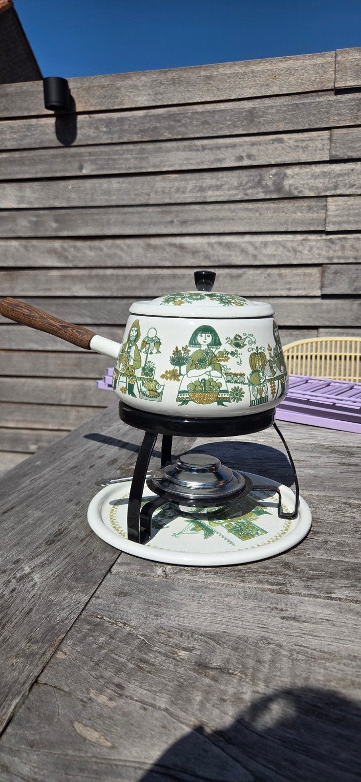 Vintage Fonduepan met Brander - Groen en Wit Design, Witgoed en Apparatuur, Fonduesets, Ophalen, Gebruikt, Brander, Fondueset