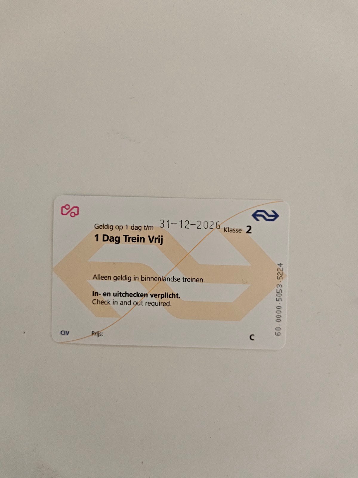 ns dagkaart, Tickets en Kaartjes, Eén persoon, Trein, Nederland, Algemeen kaartje