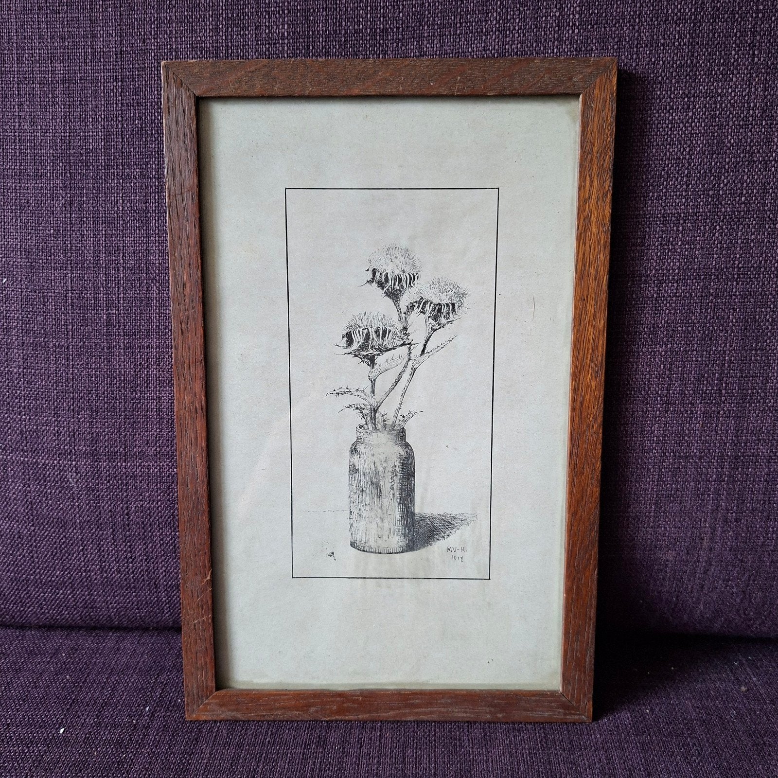 Vintage ingelijste ets van distels, gesigneerd MV-H 1917, Ophalen