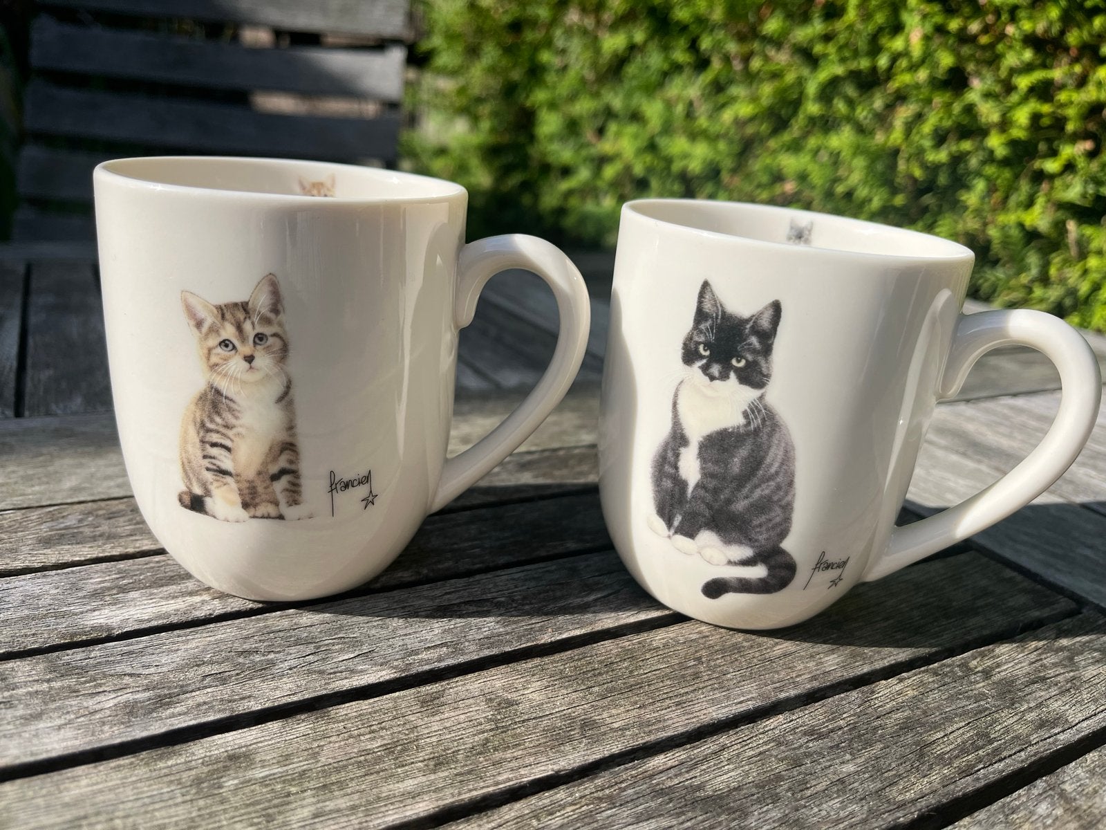 2 katten mokjes, Ophalen of Verzenden, Zo goed als nieuw, Keramiek, Mok