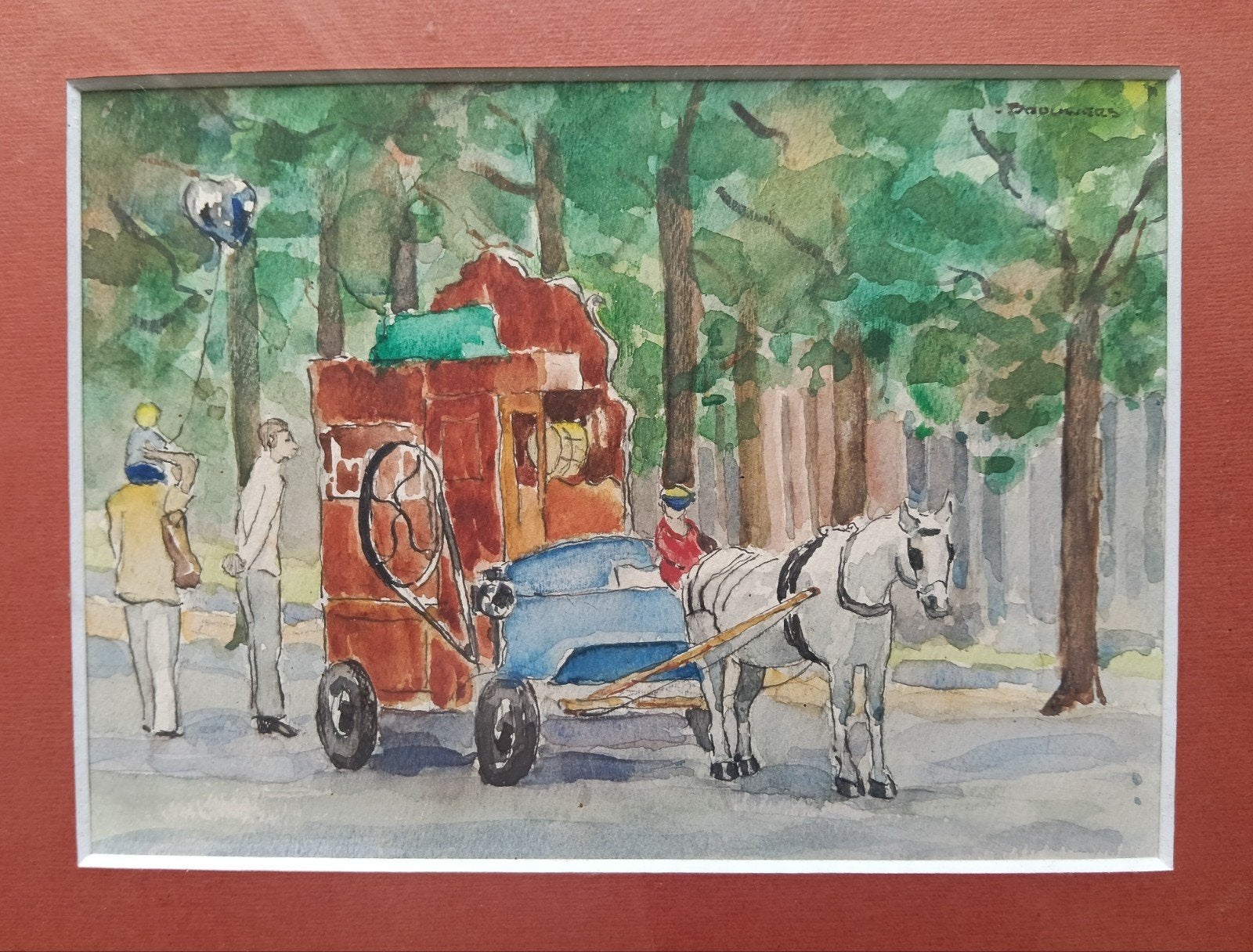 Rob Brouwers (1941-2016 ?? Paard met draaiorgel in een laan, Antiek en Kunst, Ophalen of Verzenden, Expressionistisch, Aquarel