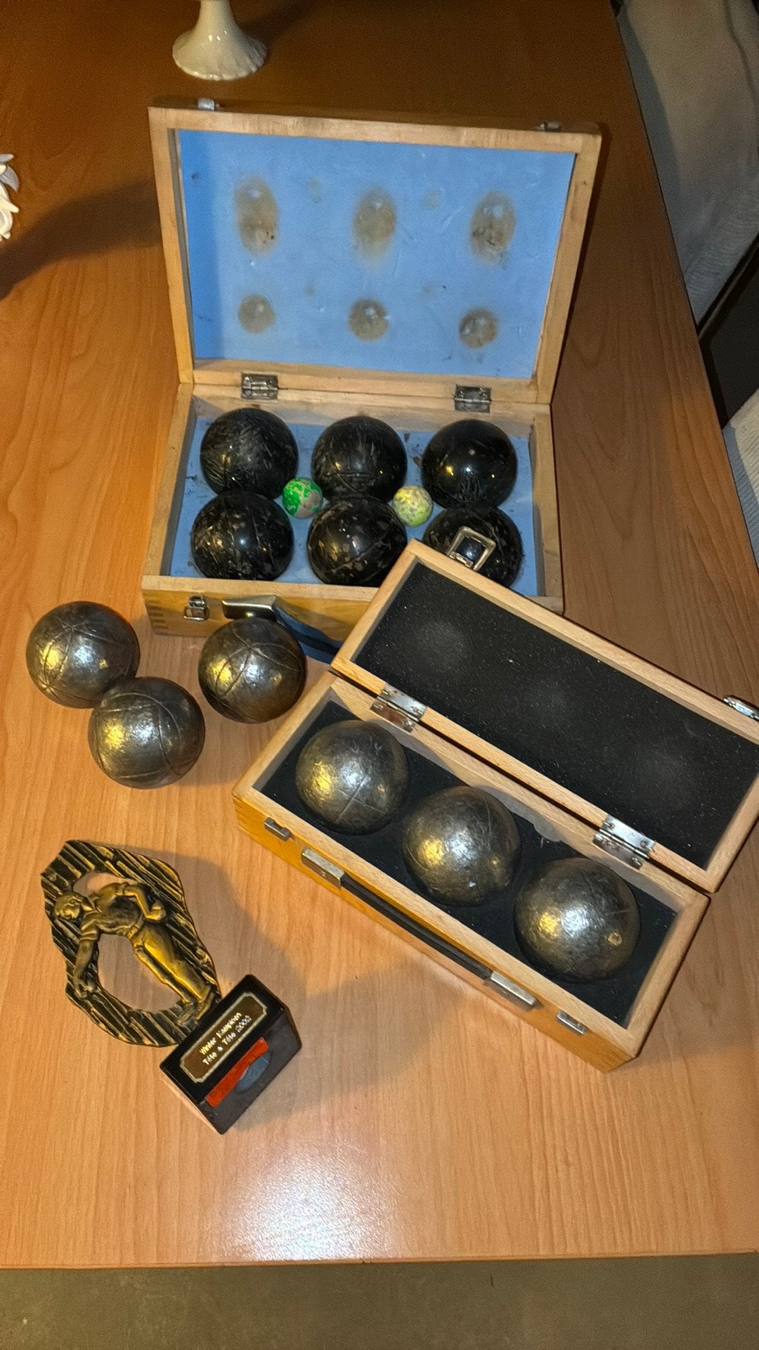 Vintage Petanque/Jeu de Boules set in houten kist, Drie of vier spelers, Ophalen of Verzenden, Gebruikt