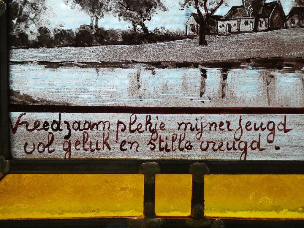 Glas in lood met spreuk vreedzaam plekje mijner jeugd vol .., Ophalen of Verzenden