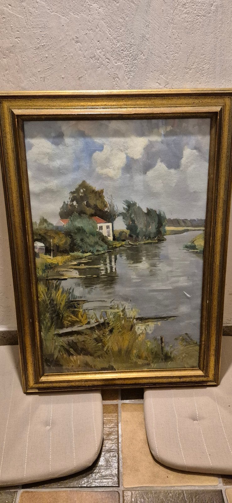 Olieverfschilderij Landschap met Water en Huis, Ophalen, Doek, Landschap, Olieverf