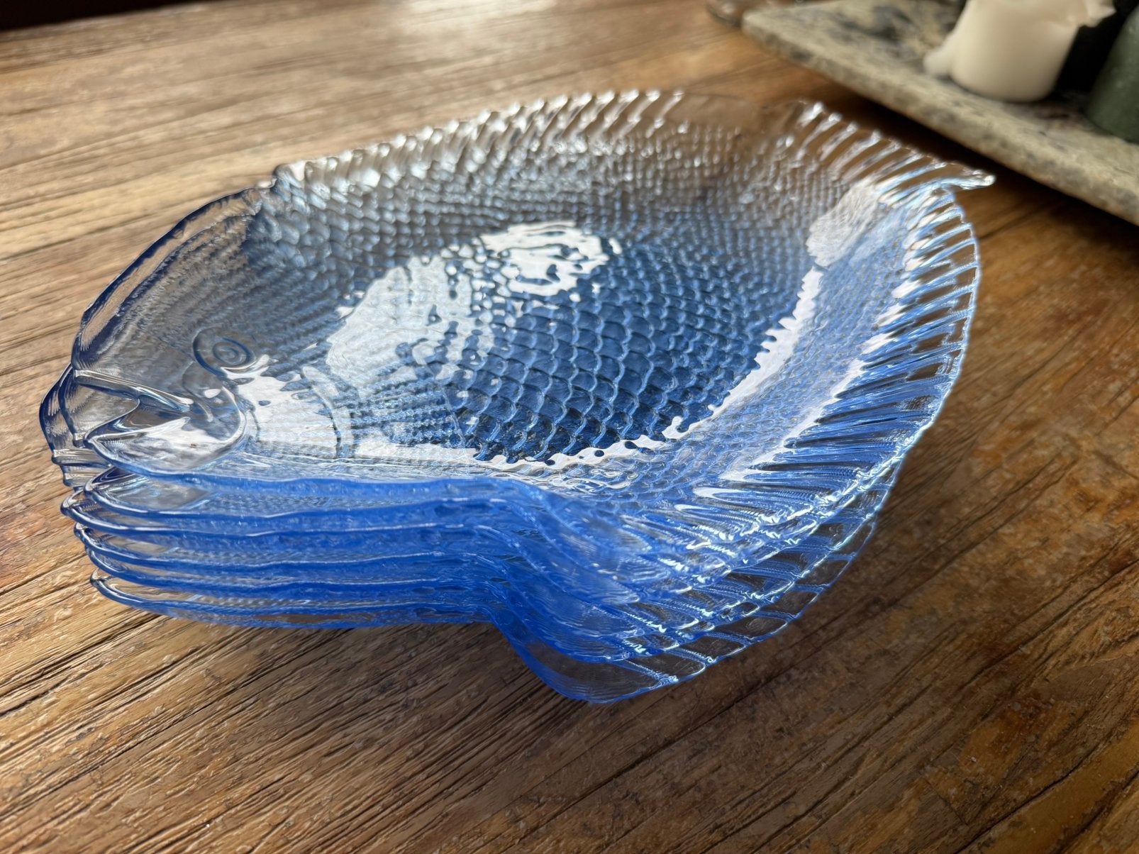 Vintage glazen vis servies/borden - Pasabahce, Vintage, Ophalen of Verzenden, Glas, Zo goed als nieuw