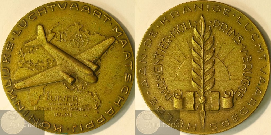 Historiepenning 1934 'Overwinning Melbourne-race: De Uiver', Ophalen of Verzenden, Brons, Nederland