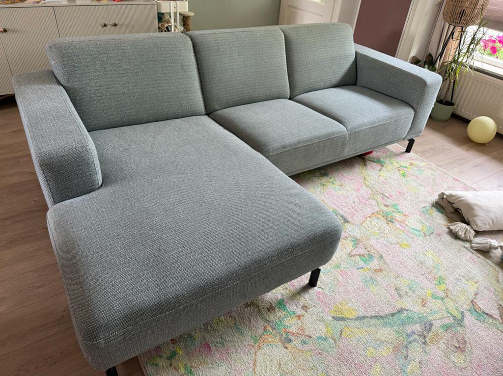 Moderne Hoekbank Viano Montel- Stof Groen/Grijs, Ophalen, 250 tot 300 cm, Gebruikt, Hoekbank