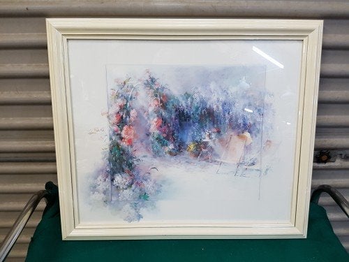 Schilderij terras met ligstoelen in witte houten lijst, door, Ophalen of Verzenden, 'T Olde Gre-j, Info@toldegrej.nl, Endepoelstraat 20f Didam