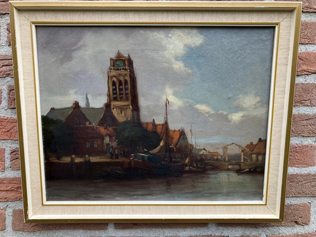 Oud schilderij Bomhaven Dordrecht, Antiek en Kunst, Kunst | Schilderijen | Klassiek, Ophalen of Verzenden
