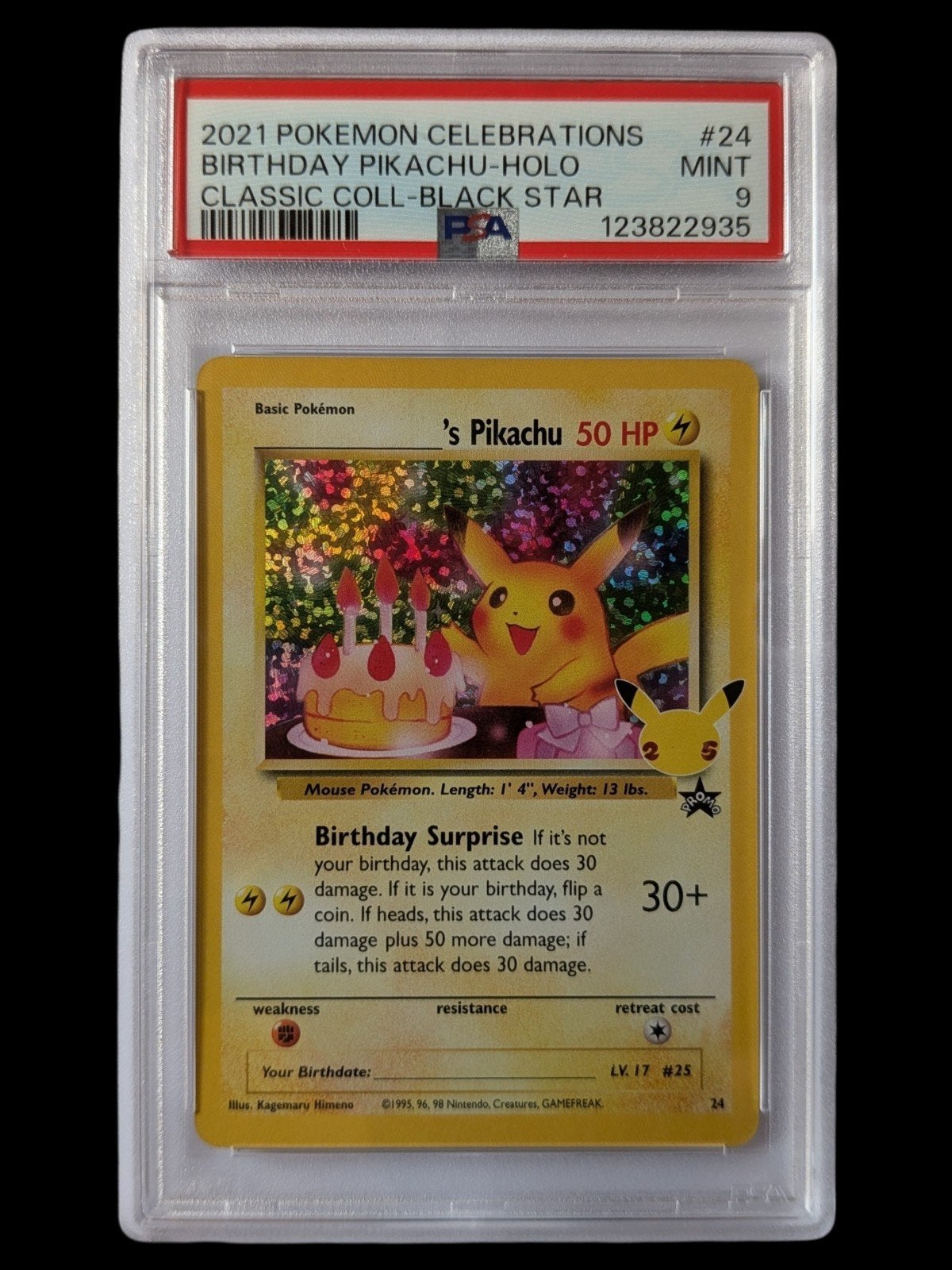 PSA 9 Mint Birthday Pikachu Holo - 2021 Celebrations #24, Ophalen of Verzenden, Zo goed als nieuw, Losse kaart, Foil