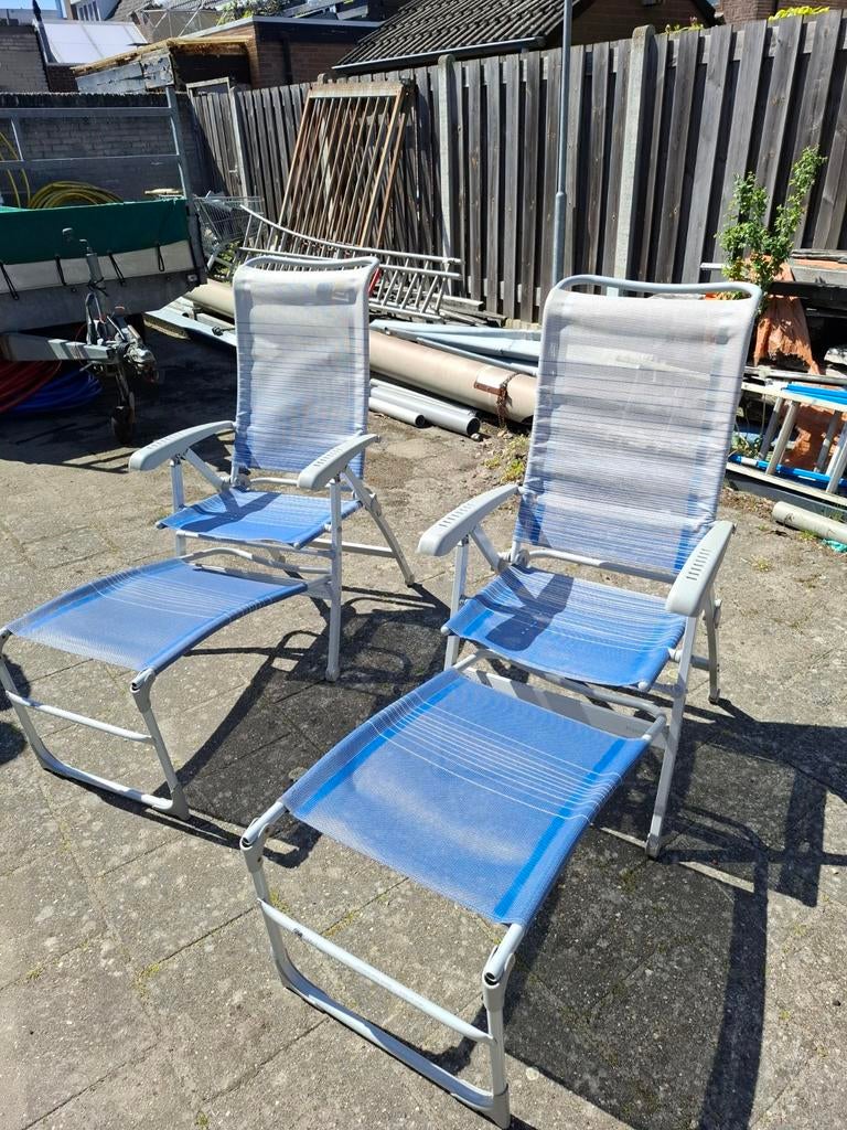 2 Campingstoelen met voetenbankjes - Blauw/Wit, Ophalen