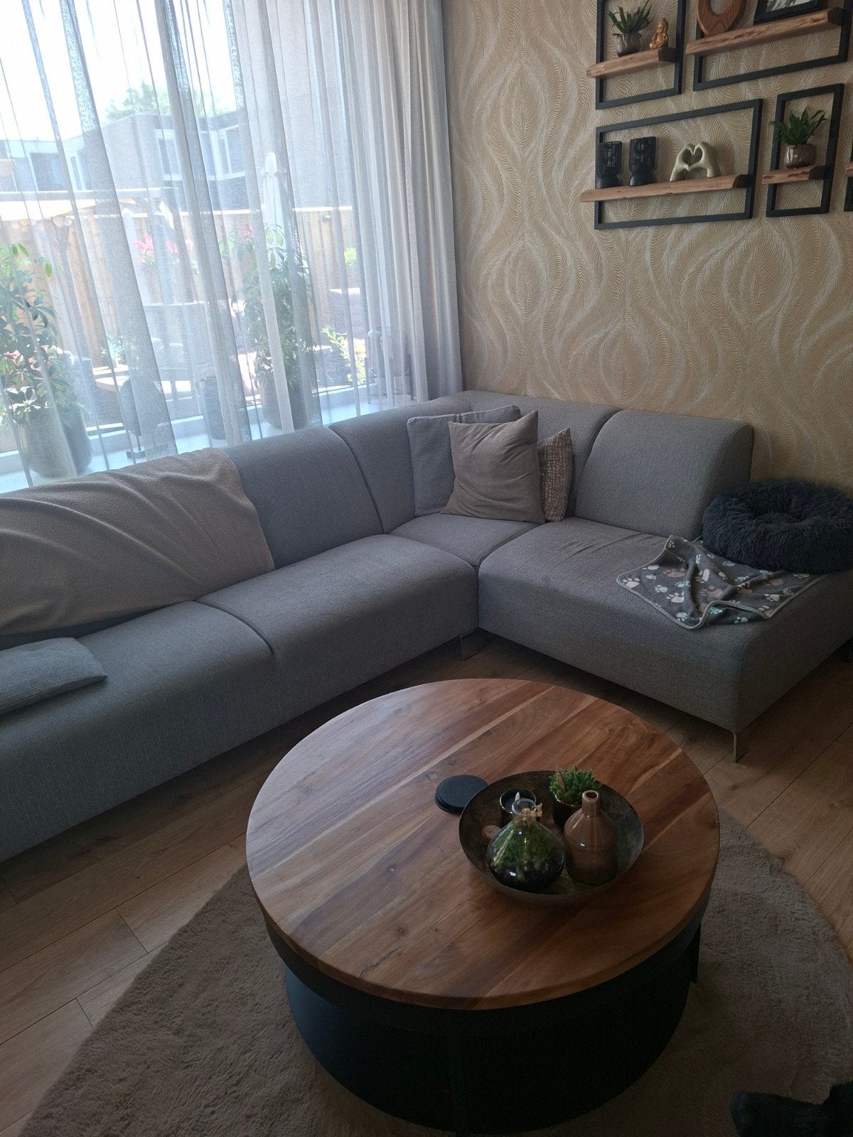 Comfortabele grijze hoekbank, Ophalen, 250 tot 300 cm, Gebruikt, Hoekbank