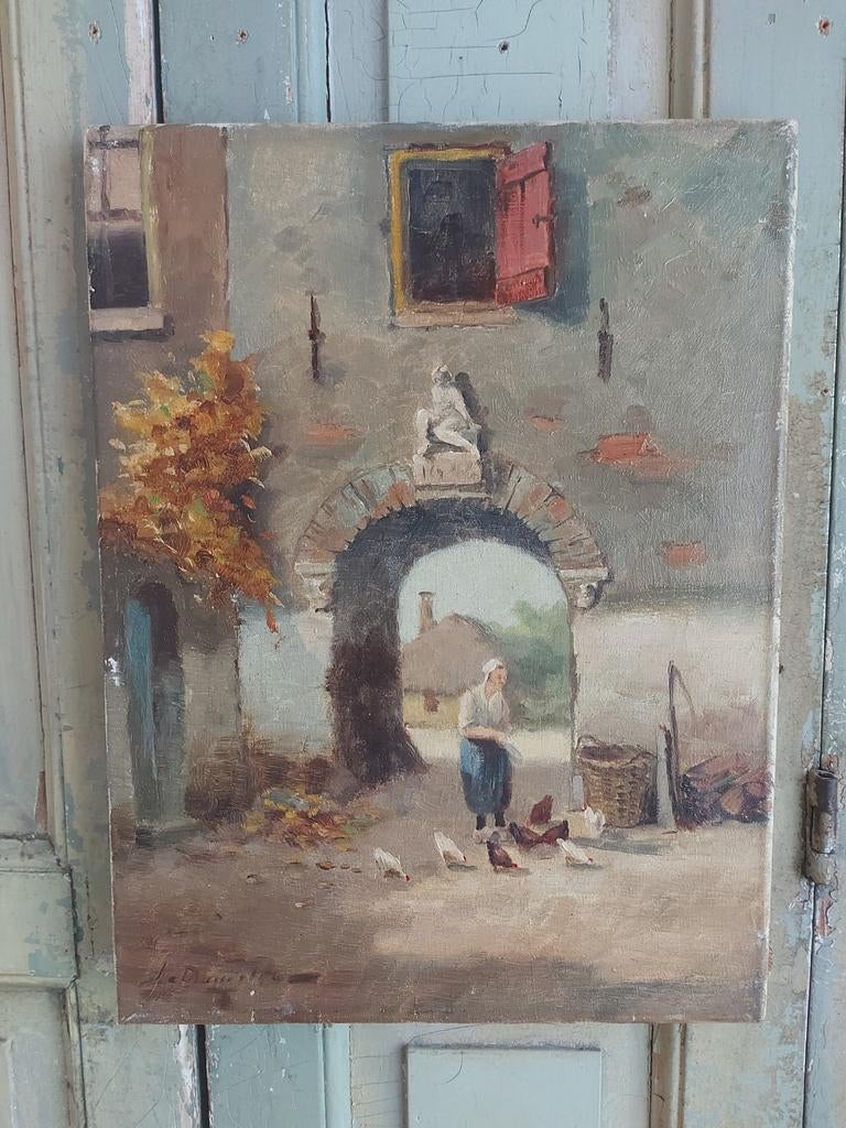 Prachtig antiek sfeer schilderij, boerenerf in dorp., Ophalen of Verzenden