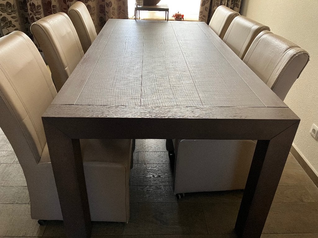 Eetkamertafel met 6 stoelen op wieltjes, Huis en Inrichting, Tafels | Eettafels, Ophalen, Gebruikt, 50 tot 100 cm, Vijf personen of meer