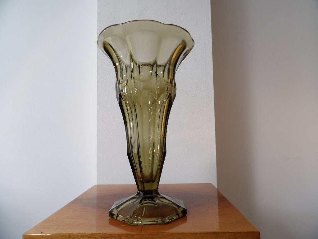 Art Deco Vaas Boheems/SKLO Kristal Glas Fumee 25.5cm, Ophalen of Verzenden