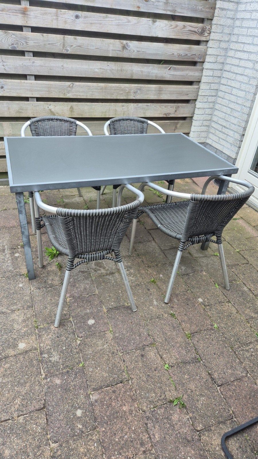 Tuinset: tuintafel (145 x 80) en vier terrasstoelen, Ophalen, Gebruikt, Aluminium