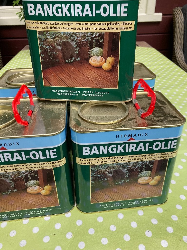 Bangkirai- olie van Hermadix, 2,5 liter blikken, nieuw, Overige kleuren, Nieuw, Beits, Ophalen of Verzenden