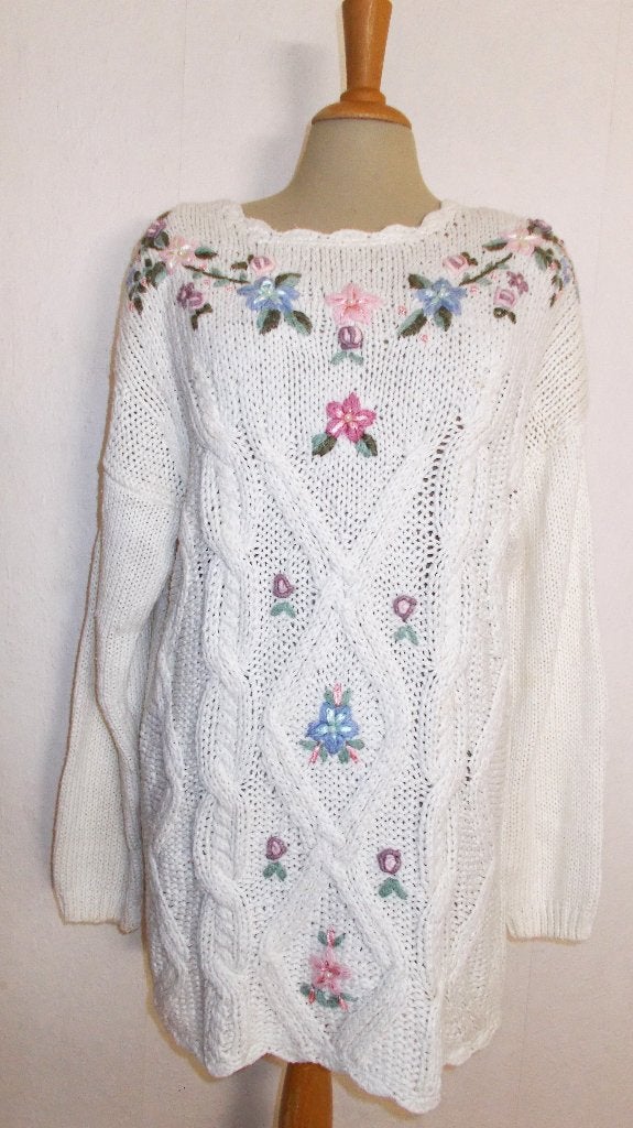 Beige folklore romantische vintage bewerkte ramie trui! M/L, Verzenden, Zo goed als nieuw, Maat 38/40 (M), Beige