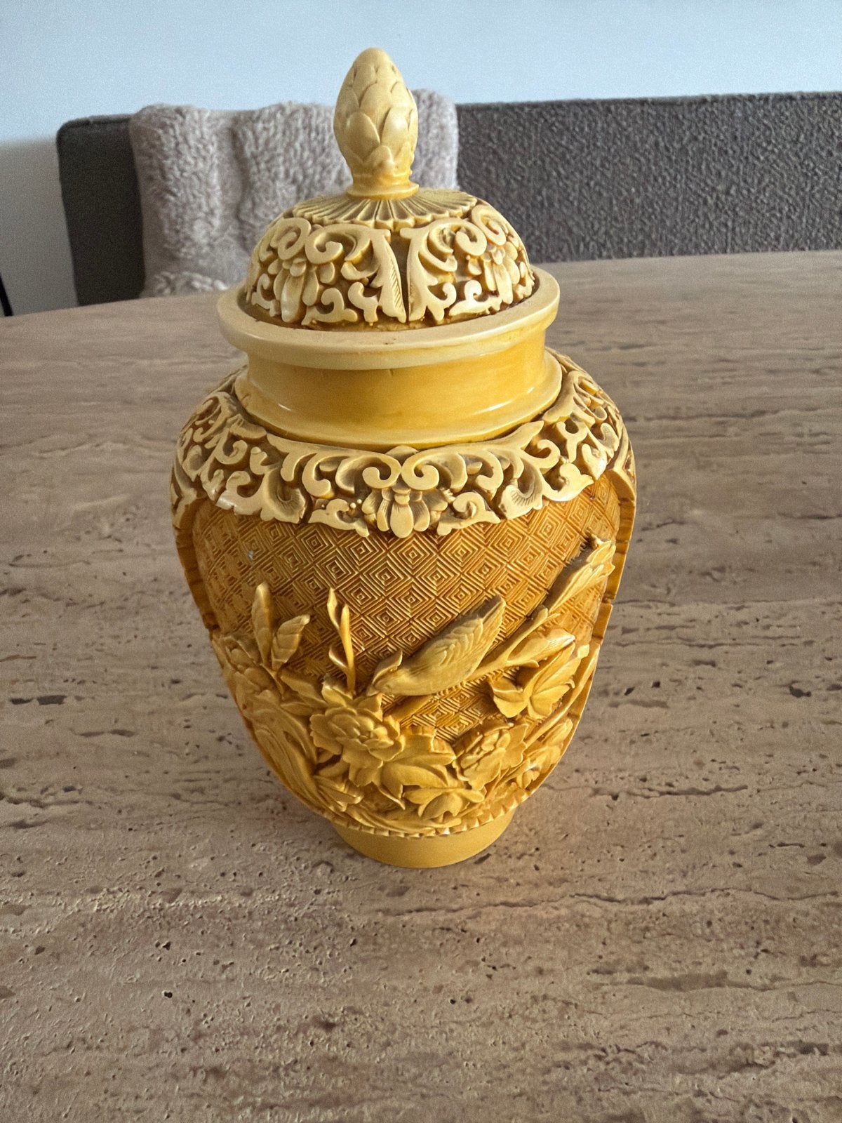 Vintage Chinese Gemberpot - Okergeel Resin - Chinoiserie, Antiek en Kunst, Ophalen of Verzenden