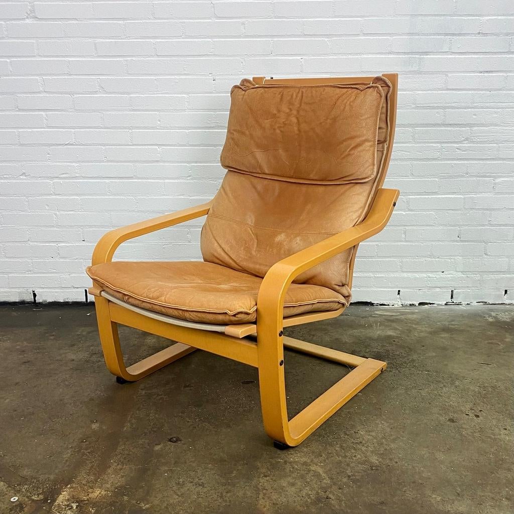 Vintage Cognac Leren Poäng Fauteuil - Noboru Nakamura Ikea, Ophalen, Gebruikt, Bruin, Vintage, Scandinavisch, Modern