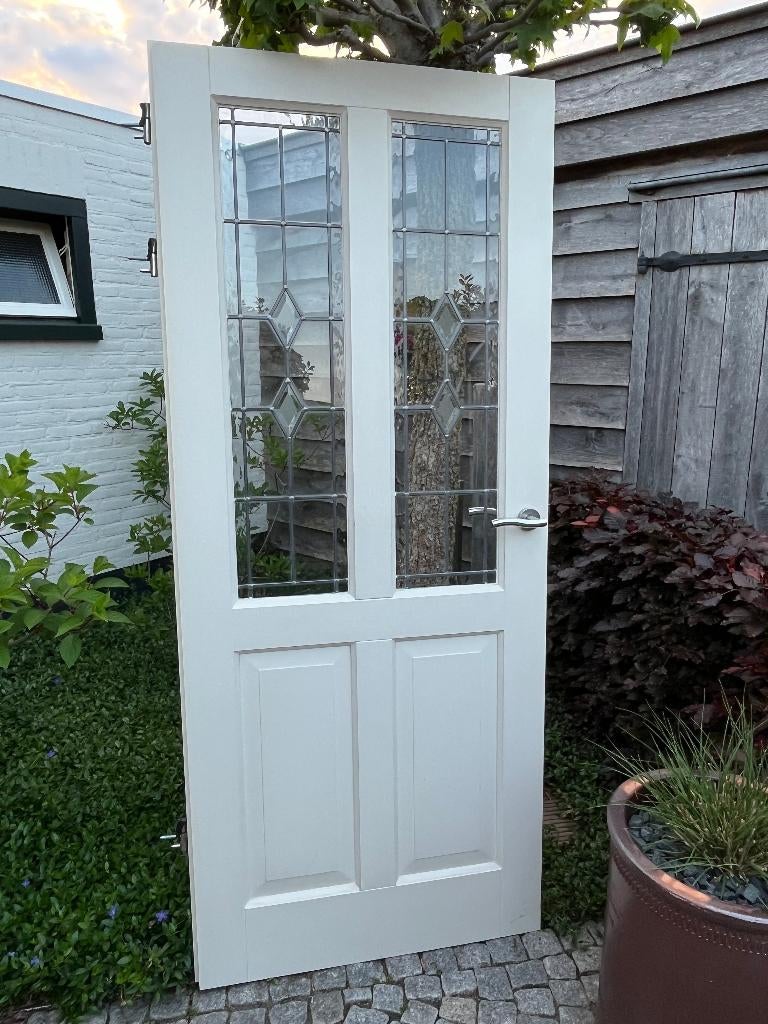 Hardhouten opdek binnendeur met glas in lood, Doe-het-zelf en Verbouw, Deuren en Horren, Ophalen, Gebruikt, 80 tot 100 cm, Binnendeur