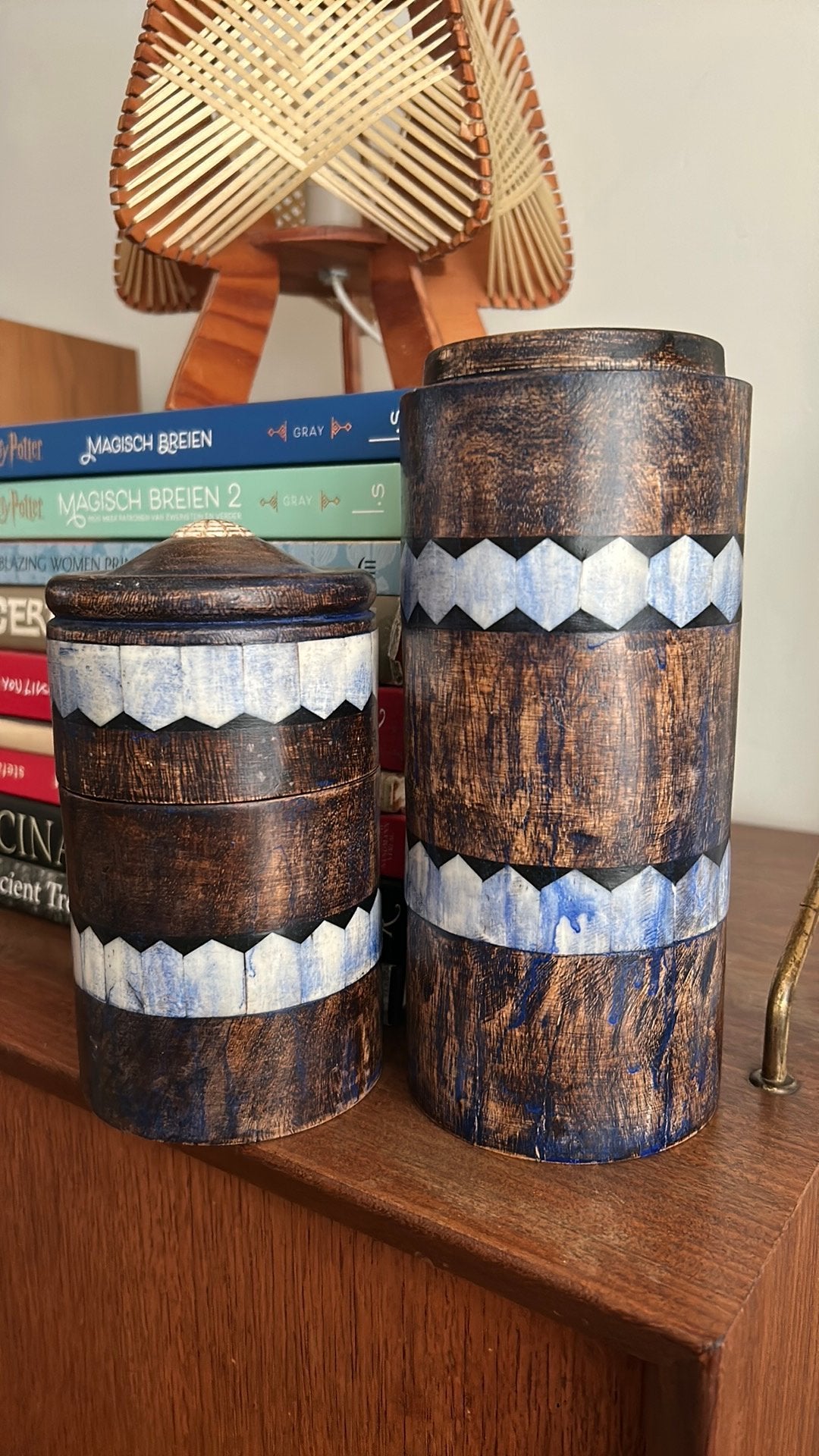Vintage etnische voorraadpotten parelmoer, bone inlay, Ophalen of Verzenden