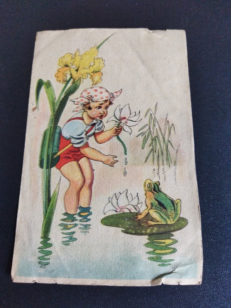 Vintage ansichtkaart Goeie morgen kikker, Ophalen of Verzenden, 1940 tot 1960, Gelopen, Overige thema's