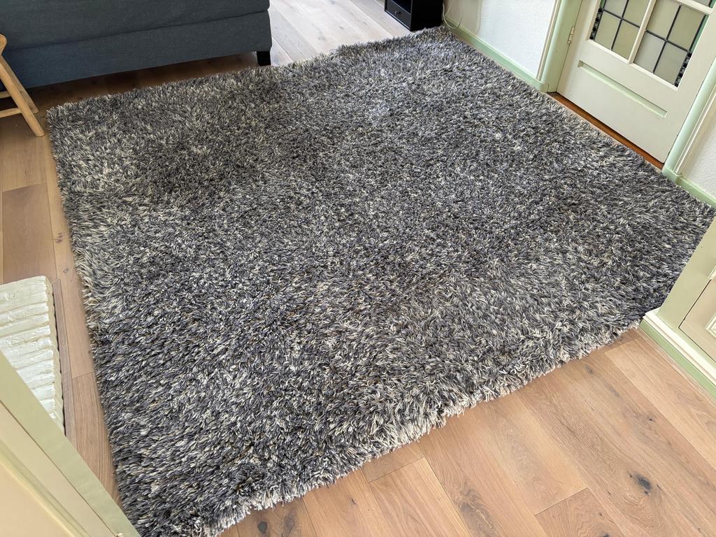 Designer grijs/wit hoogpolig vloerkleed - zacht en modern, Ophalen, Zo goed als nieuw, Grijs, 238 x 233 Danskina Bravoure 60, Nieuw-Zeelandse wol 100%
