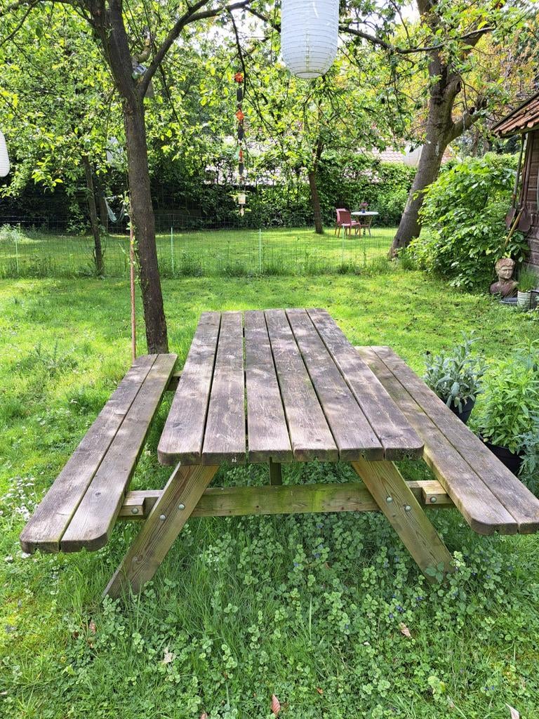 Robuuste houten picknicktafel, Tuin en Terras, Picknicktafels, Ophalen, Gebruikt, Rechthoekig, Hout
