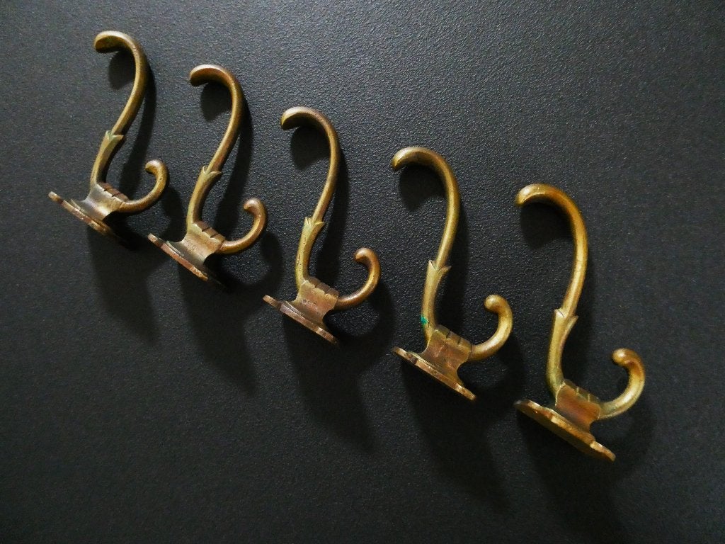 5 Messing antieke kapstokhaken met hoedenhaak jashaak, Ophalen of Verzenden