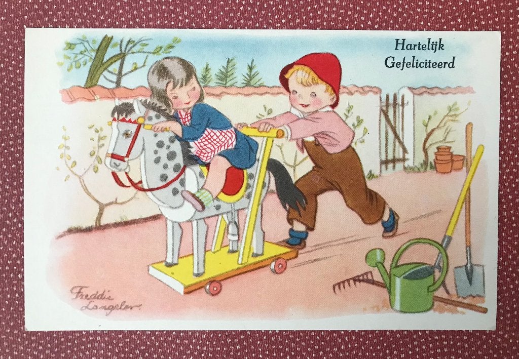 Hartelijk gefeliciteerd kaart - Freddie Langeler - vintage, Verzamelen, Ansichtkaarten | Themakaarten, Ophalen of Verzenden, 1960 tot 1980