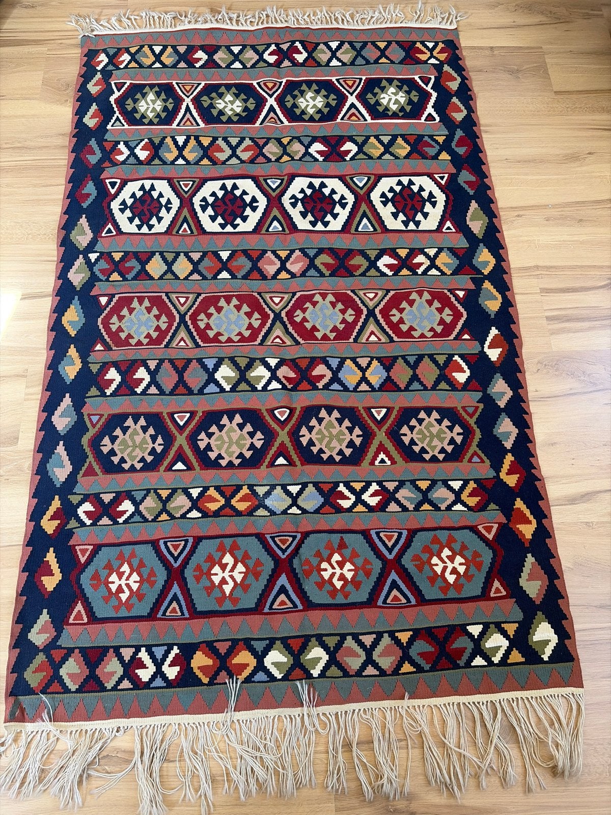 Vintage Kelim Tapijt - Handgeweven met Geometrische Patronen, Nieuw, 150 tot 200 cm, Rechthoekig, Rood