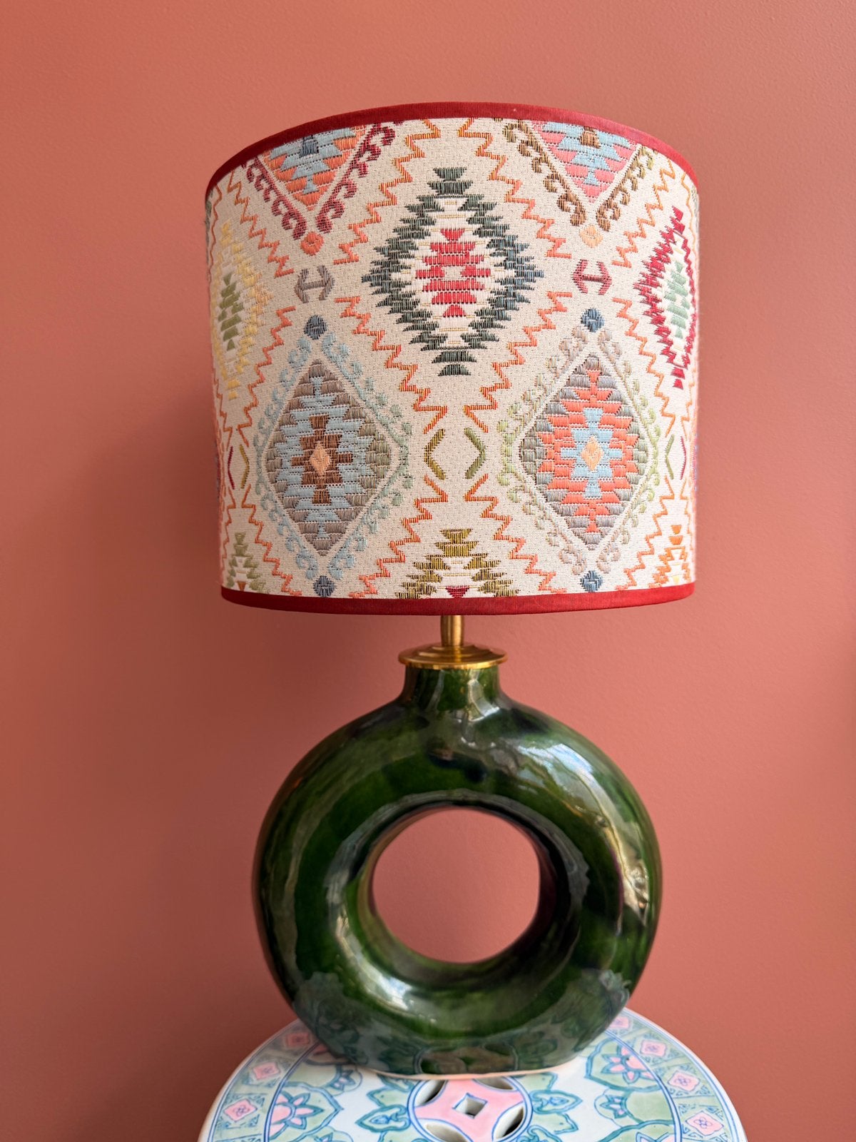Groene Marokkaanse vaas-lamp met gobelin kap dia 25cm, Groen, Nieuw, Sfeerlamp, Modern