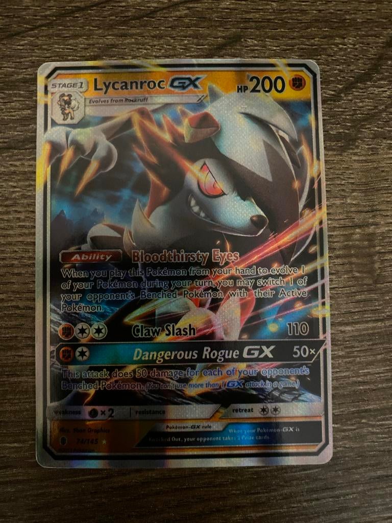 Pokémon Kaart Lycanroc GX 74/145 Sun & Moon Guardians Rising, Ophalen, Zo goed als nieuw, Losse kaart, Foil