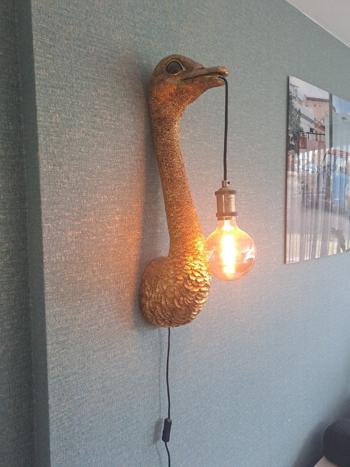 Gouden struisvogel wandlamp met E27 fitting, Ophalen, Kunststof, E27 (groot), Zo goed als nieuw