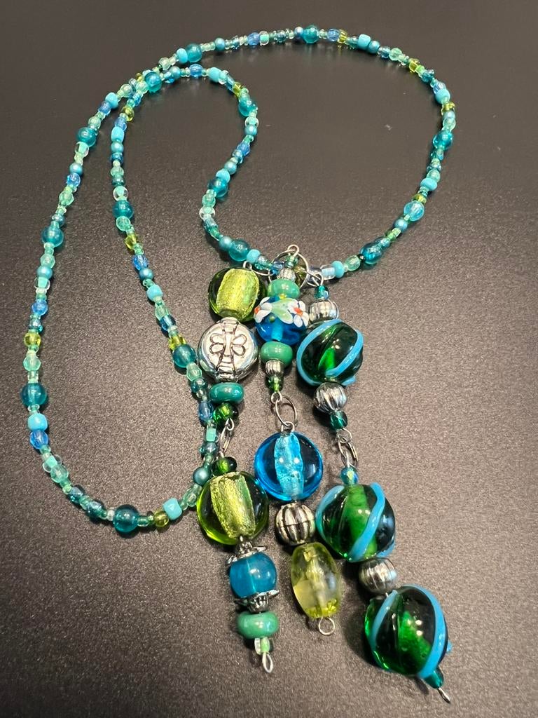 Mooie ketting met hangers van millefiori en lampwork kralen, Sieraden, Tassen en Uiterlijk, Kettingen, Ophalen of Verzenden, Zo goed als nieuw