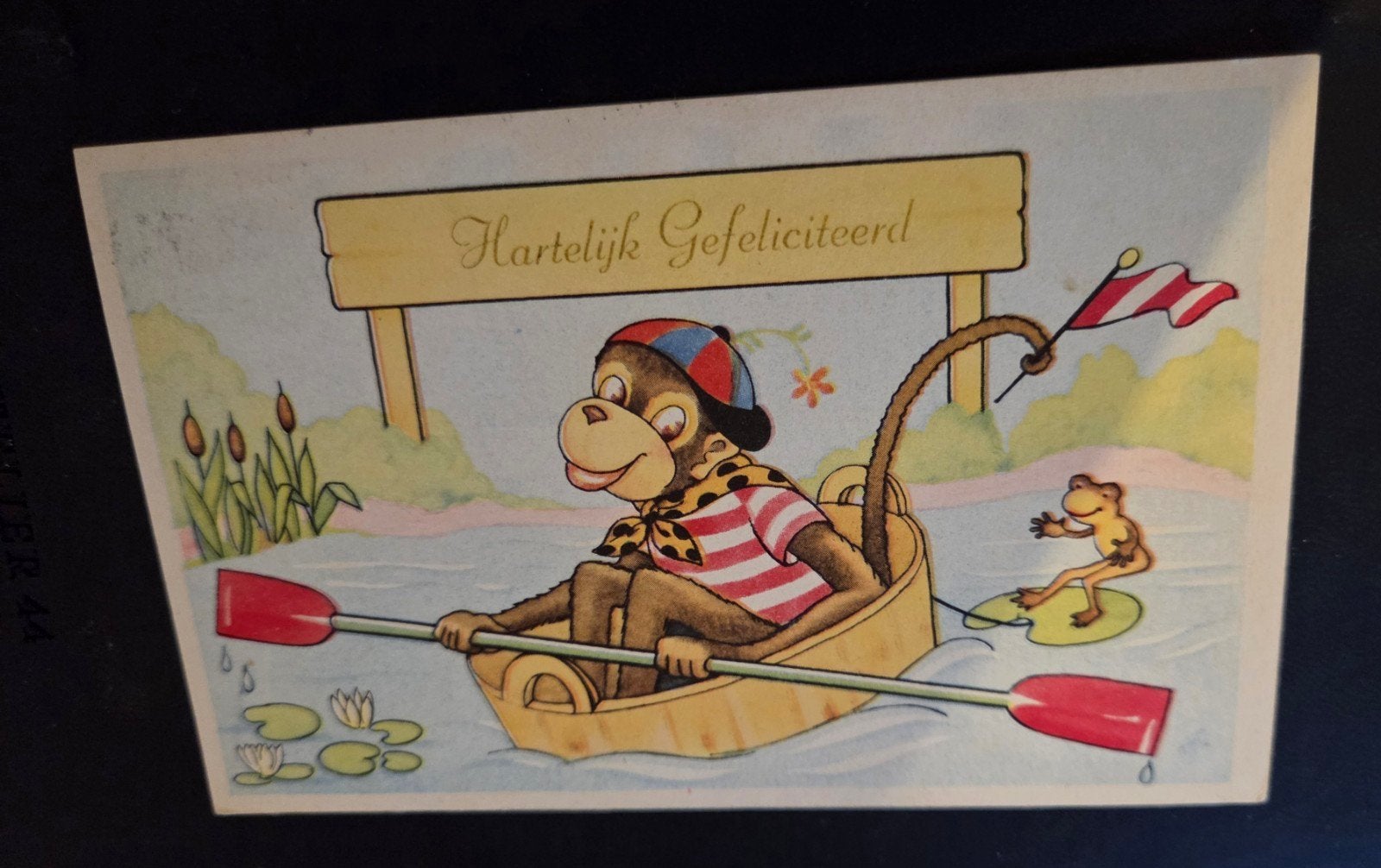 Aap in bootje 'Hartelijk Gefeliciteerd', Verzamelen, Ansichtkaarten | Themakaarten, Verzenden, 1940 tot 1960, Gelopen, Kinderen
