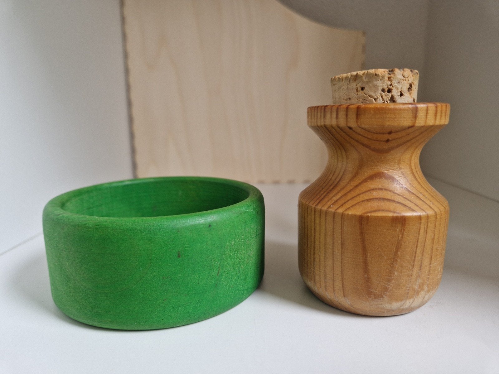 Grimms bakje hout met vintage houten kruikje, Ophalen of Verzenden