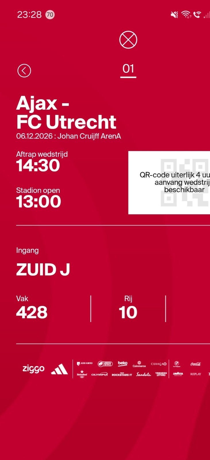 Ajax-Utrecht prachtige plaats vak 428 rij 10 vanaf 50 euro, Seizoenskaart, Eén persoon, December
