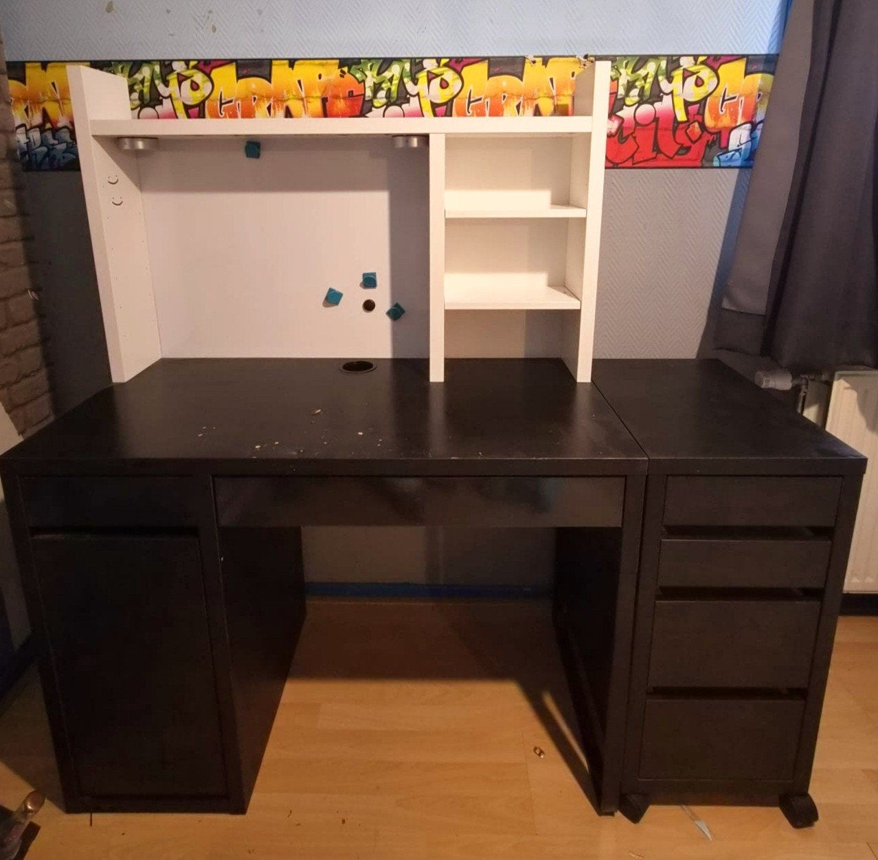 Ikea bureau Micke met opzetstuk en ladekast op wielen, Zwart, Gebruikt, Spaanplaat of MDF, IKEA