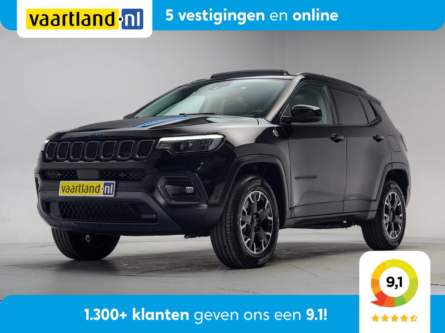 Jeep Compass 4xe 240 Plug-in Hybrid Trailhawk [ Panorama Nav, Automaat, 4 cilinders, Automatische klimaatregeling, Zwart